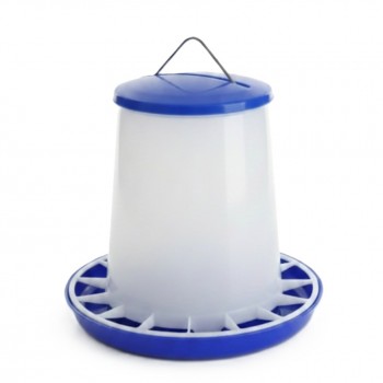 8 kg Plastic Poultry Feeder with Feed Saver Ring, Lid & Handle – Blue & White Gravity-Fed Chicken Feeder for Chicks, Growers, and Adult Poultry