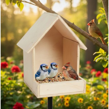 Paintable Wooden Bird Feeder & Birdhouse – Natural Eco-Friendly Wood Outdoor Bird Feeder with Roof Cover, Open Tray Design, DIY Craft Bird House for Garden, Patio & Balcony (24 × 22 × 17 cm)