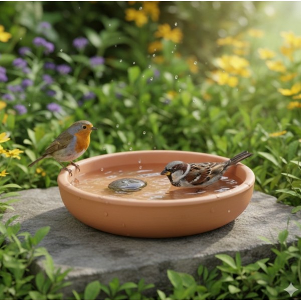 Terracotta Bird Bath & Feeder Bowl, Natural Unglazed Clay, Shallow Design – 16 × 16 × 7 cm