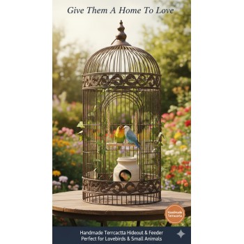 Handmade Terracotta Bird Hideout & Feeder – ( Medium ) 16x16x16cm Nesting Shelter for Lovebirds, Budgies & Small Animals – Natural Eco-Friendly Cage Accessory