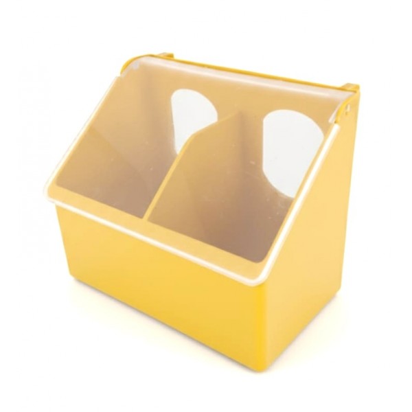Parinda Two Hole Bird Feeder (Yellow) – Waste-Free Poultry & Cage Bird Feeding Bowl with Divider, Transparent Lid & Dust-Release Base