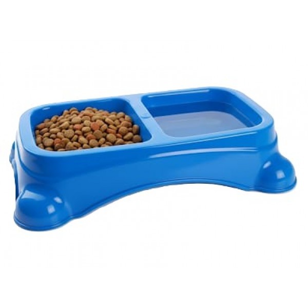 Blue Double Pet Food & Water Bowl | Dual Feeding Station for Cats & Small Dogs | Durable Plastic Multi-Pet Bowl (28 × 15 × 6 cm)