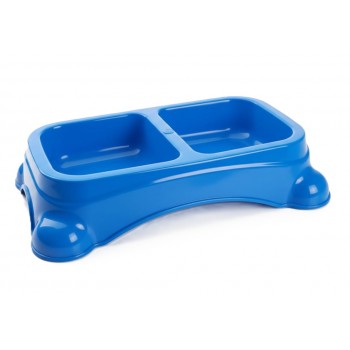 Blue Double Pet Food & Water Bowl | Dual Feeding Station for Cats & Small Dogs | Durable Plastic Multi-Pet Bowl (28 × 15 × 6 cm)