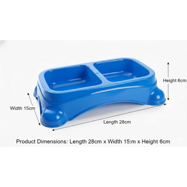 Blue Double Pet Food & Water Bowl | Dual Feeding Station for Cats & Small Dogs | Durable Plastic Multi-Pet Bowl (28 × 15 × 6 cm)