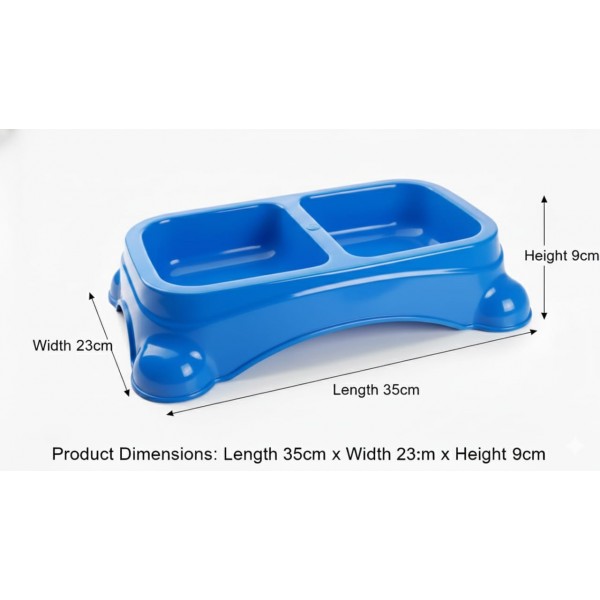 Large Double Pet Food & Water Bowl | Dual Feeding Station for Cats & Small Dogs | Durable Plastic Multi-Pet Bowl (Color: Blue) (35 × 23 × 9 cm)