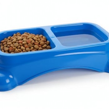 Large Double Pet Food & Water Bowl | Dual Feeding Station for Cats & Small Dogs | Durable Plastic Multi-Pet Bowl (Color: Blue) (35 × 23 × 9 cm)