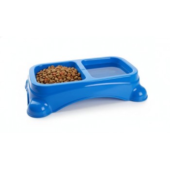 Large Double Pet Food & Water Bowl | Dual Feeding Station for Cats & Small Dogs | Durable Plastic Multi-Pet Bowl (Color: Blue) (35 × 23 × 9 cm)