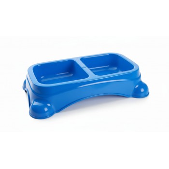 Large Double Pet Food & Water Bowl | Dual Feeding Station for Cats & Small Dogs | Durable Plastic Multi-Pet Bowl (Color: Blue) (35 × 23 × 9 cm)