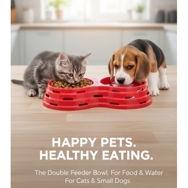 Stefanplast Chic Double Feeder Bowl for Cats & Small Dogs | Anti-Slip Plastic Food & Water Dish | Durable Polypropylene | Red (40 × 22 × 8 cm)