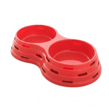 Stefanplast Chic Double Feeder Bowl for Cats & Small Dogs | Anti-Slip Plastic Food & Water Dish | Durable Polypropylene | Red (40 × 22 × 8 cm)