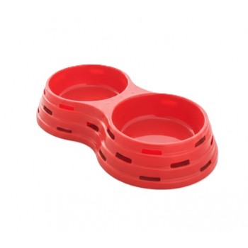 Stefanplast Chic Double Feeder Bowl for Cats & Small Dogs | Anti-Slip Plastic Food & Water Dish | Durable Polypropylene | Red (40 × 22 × 8 cm)