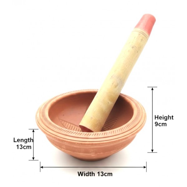 Traditional Terracotta Mortar and Pestle Set – Medium Size Manual Spice, Herb & Seed Grinder | Clay Bowl with Wooden Pestle for Kitchen, Bird Food & Herbal Prep