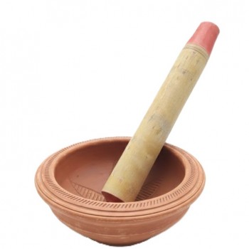 Traditional Terracotta Mortar and Pestle Set – Medium Size Manual Spice, Herb & Seed Grinder | Clay Bowl with Wooden Pestle for Kitchen, Bird Food & Herbal Prep