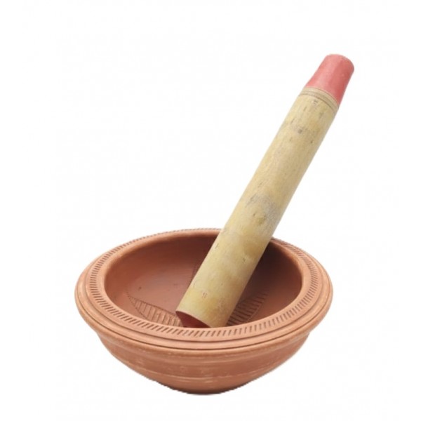 Traditional Terracotta Mortar and Pestle Set – Medium Size Manual Spice, Herb & Seed Grinder | Clay Bowl with Wooden Pestle for Kitchen, Bird Food & Herbal Prep