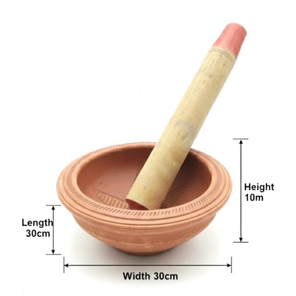 Traditional Terracotta Mortar and Pestle Set – Large Size (30 × 30 × 10 cm) Manual Clay Grinder for Spices, Herbs, Seeds & Bird Food Preparation