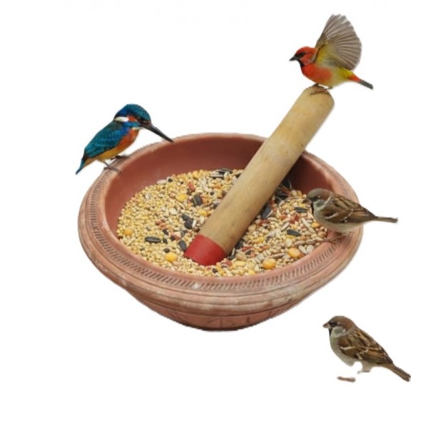 Traditional Terracotta Mortar and Pestle Set – Large Size (30 × 30 × 10 cm) Manual Clay Grinder for Spices, Herbs, Seeds & Bird Food Preparation