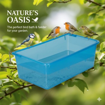 Plastic Bird Feeder, Drinker & Bath Box – Large Size (23 × 13 × 8 cm), Clip-On Cage Accessory for Small Birds (Blue)