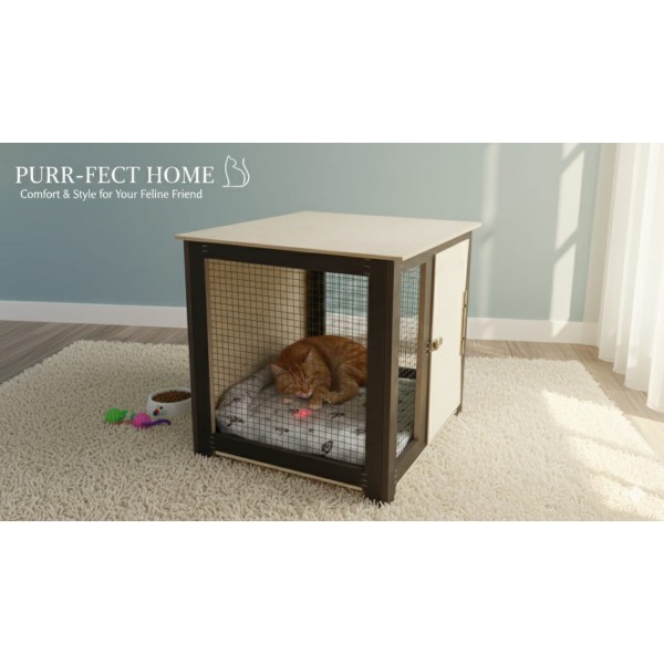 Small Wooden Pet Crate for Indoor Use – Pet Kennel Furniture with Steel Wire Sides, Lockable Door & Two-Tone Finish – 51 × 44 × 45 cm