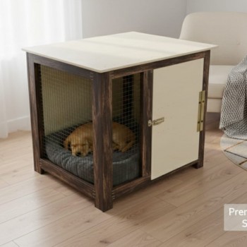 Small Wooden Pet Crate for Indoor Use – Pet Kennel Furniture with Steel Wire Sides, Lockable Door & Two-Tone Finish – 51 × 44 × 45 cm