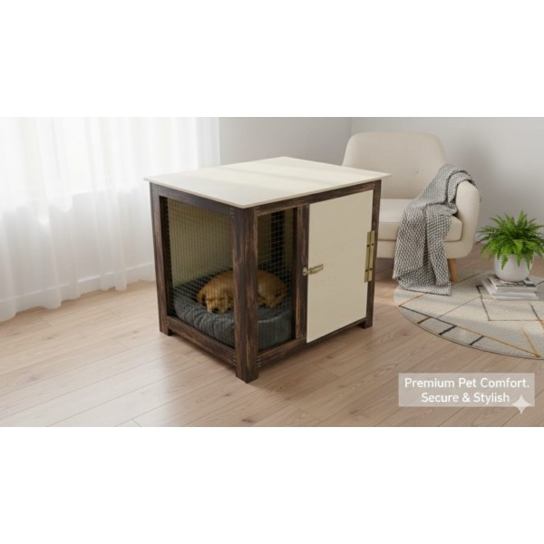 Small Wooden Pet Crate for Indoor Use – Pet Kennel Furniture with Steel Wire Sides, Lockable Door & Two-Tone Finish – 51 × 44 × 45 cm