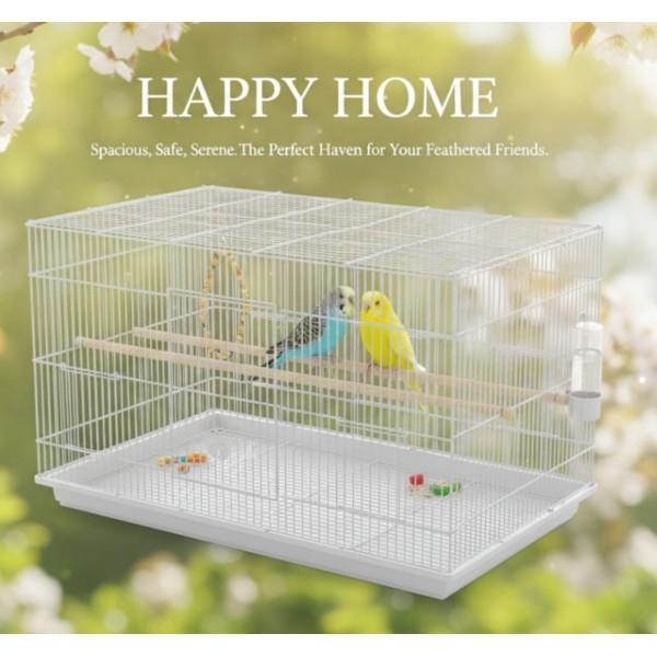 Metal Flight & Breeding Bird Cage with Divider | 66×45×45 cm | Slide-Out Tray | For Budgies, Finches, Lovebirds & Cockatiels
