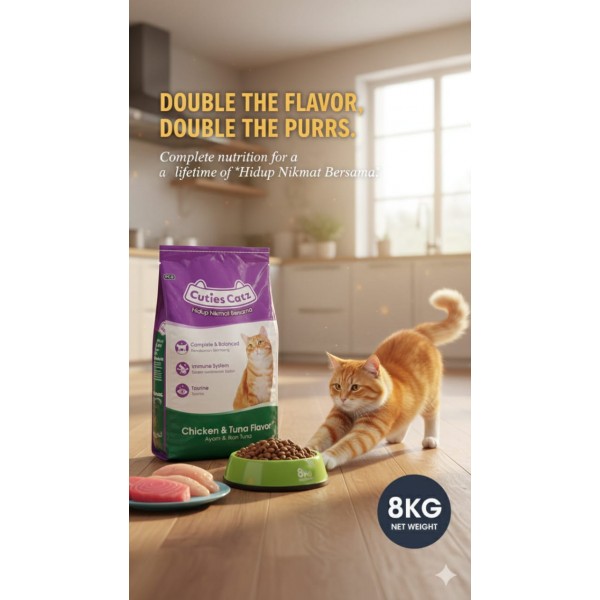 Cuties Catz Chicken & Tuna Flavor Dry Cat Food – Complete Nutrition for Adult Cats, Supports Healthy Vision, Skin, Coat & Oral Health – 8kg Value Pack