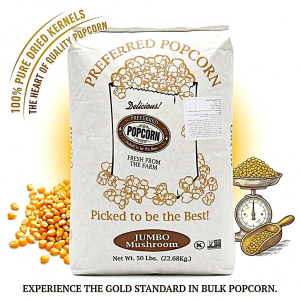 Preferred Popcorn Jumbo Mushroom Yellow Kernels 50 lb (22.68 kg) Bulk Sack – Non-GMO Verified, USA Grown, Sustainable Farmed Whole Grain for Gourmet Popping & Livestock Feed