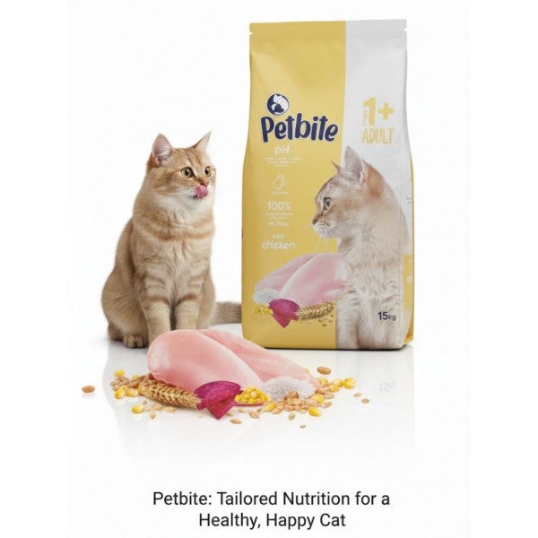 PETBITE Premium Adult Dry Cat Food with Chicken, – 15 kg, Complete & Balanced Diet, Healthy Skin, Coat & Bones