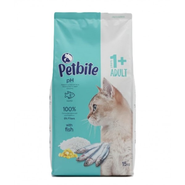 Petbite Adult Cat Food 1+ with Real Fish, 15 kg – Advanced Formula for Urinary Health, Skin & Coat, Complete Balanced Diet