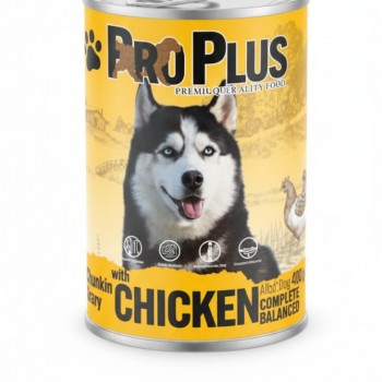 Pro Plus Premium Quality Dog Food – Chicken Chunks in Gravy, Complete Adult Nutrition, 400 g × 12 Cans
