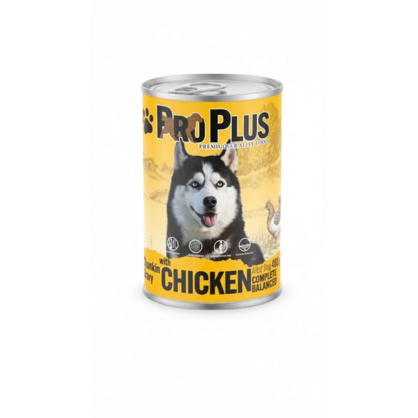 Pro Plus Premium Quality Dog Food – Chicken Chunks in Gravy, Complete Adult Nutrition, 400 g × 12 Cans