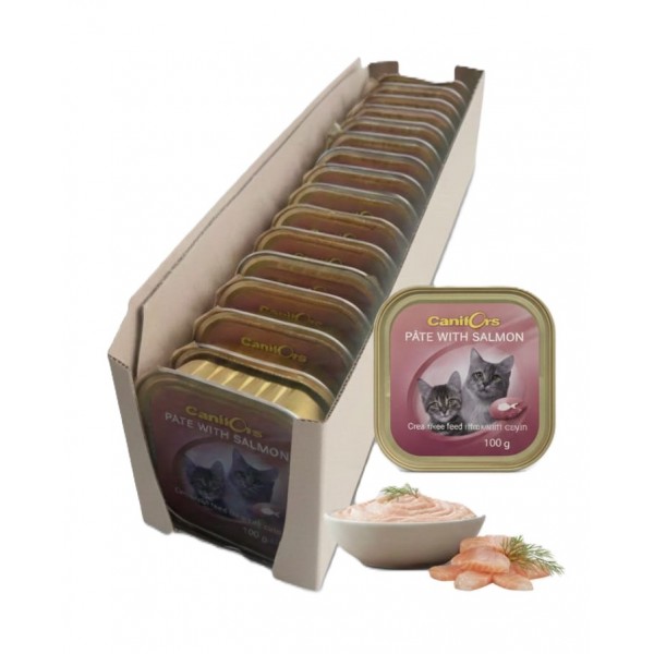 Canifors Pate with Salmon – Complete Wet Cat Food for Adult Cats – 100 g × 16 Trays (1 Box) – High Protein, Vitamins & Minerals, Healthy Skin & Coat, Made in Netherlands
