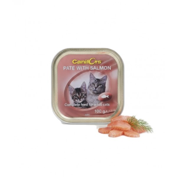 Canifors Pate with Salmon – Complete Wet Cat Food for Adult Cats – 100 g × 16 Trays (1 Box) – High Protein, Vitamins & Minerals, Healthy Skin & Coat, Made in Netherlands