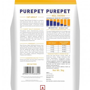 Purepet Adult Dry Cat Food – Real Chicken, Complete & Balanced Nutrition for Adult Cats – 3kg Bag