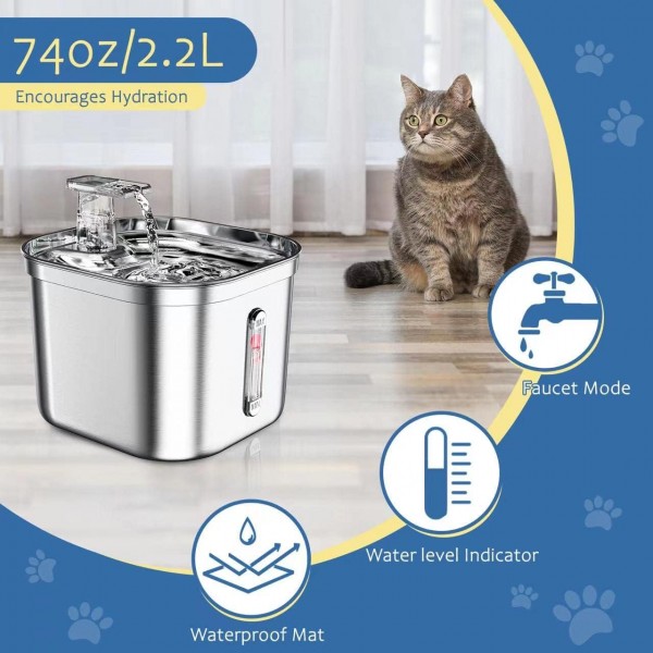 Stainless Steel Pet Water Fountain 2.2L | Automatic Cat & Dog Water Dispenser | 304 Stainless Steel | Ultra-Quiet Pump | Triple Filtration System | BPA-Free | USB Powered | Silver | WF120