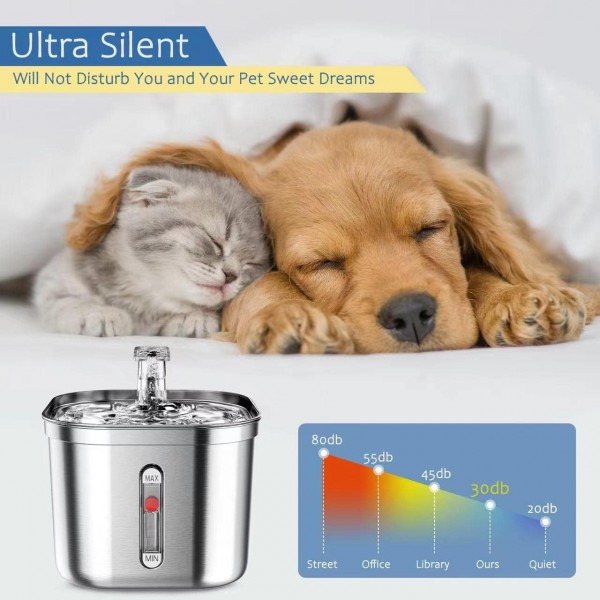 Stainless Steel Pet Water Fountain 2.2L | Automatic Cat & Dog Water Dispenser | 304 Stainless Steel | Ultra-Quiet Pump | Triple Filtration System | BPA-Free | USB Powered | Silver | WF120