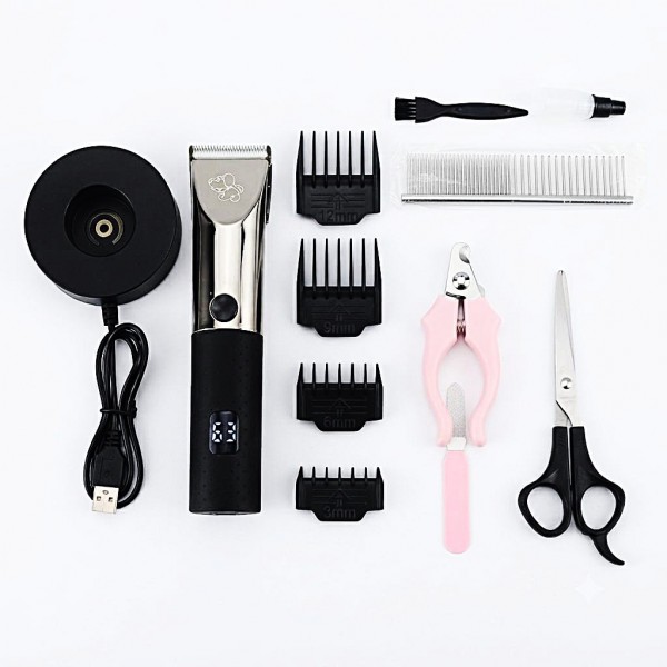 Professional Pet Grooming Hair Clipper Kit for Dogs & Cats – Cordless Digital Trimmer with 4 Guide Combs, Scissors, Nail Clipper & Complete Grooming Set for Home Use