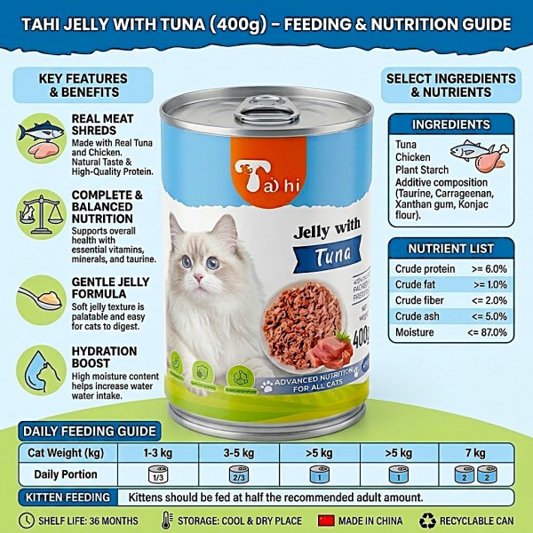 Taihi Premium Wet Cat Food Jelly with Tuna 400g x 12 Cans | Tuna and Chicken Shreds | Taurine Enriched | Moisture-Rich Cat Food for Cats