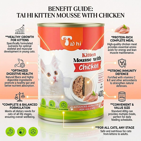 Taihi Kitten Mousse with Chicken Wet Cat Food – 400g x 12 Cans | Smooth Chicken Mousse for Kittens and Adult Cats, Moisture-Rich Recipe