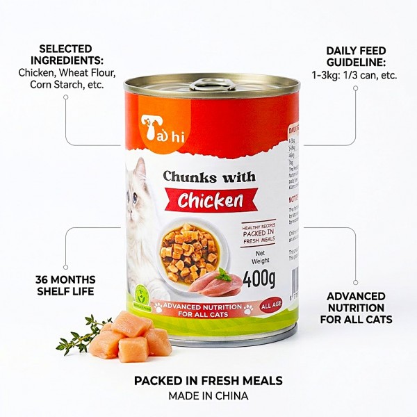 Ta'hi Chunks with Chicken Wet Cat Food 400g x 12 Cans – Chicken Flavour Moisture-Rich Cat Food, 4.8kg Multipack