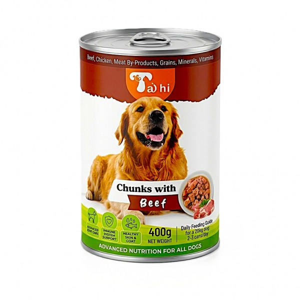 TAHI Premium Wet Dog Food Chunks with Beef in Gravy, 400g Cans, Pack of 12 | Tender Meat Chunks for Dogs | High-Protein Wet Food with Essential Vitamins & Minerals | Complete Daily Nutrition for Dogs