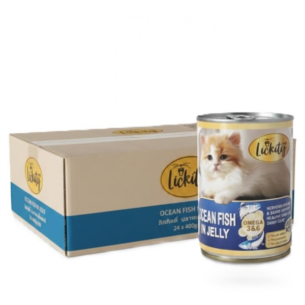 Lickity Ocean Fish in Jelly Wet Cat Food with Omega 3 & 6, Supports Brain & Skin Health, Adult Cats, 24 cans × 400g