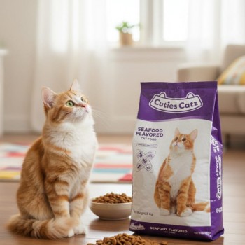 Cuties Catz Seafood Flavored Dry Cat Food – Complete & Balanced Nutrition, Oral Care Support, Healthy Skin & Coat, 8 Kg