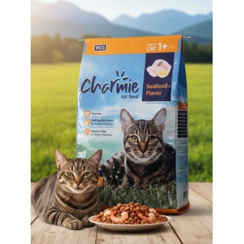 Charmie Adult Cat Food, 10 kg – Seafood Flavor, High Protein, Taurine for Eye & Heart Health, Natural Fiber for Digestion, Crunchy Kibble for Healthy Skin & Coat