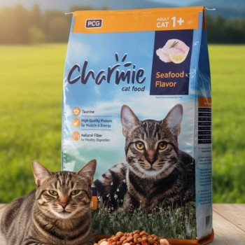 Charmie Adult Cat Food, 10 kg – Seafood Flavor, High Protein, Taurine for Eye & Heart Health, Natural Fiber for Digestion, Crunchy Kibble for Healthy Skin & Coat