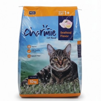 Charmie Adult Cat Food, 10 kg – Seafood Flavor, High Protein, Taurine for Eye & Heart Health, Natural Fiber for Digestion, Crunchy Kibble for Healthy Skin & Coat
