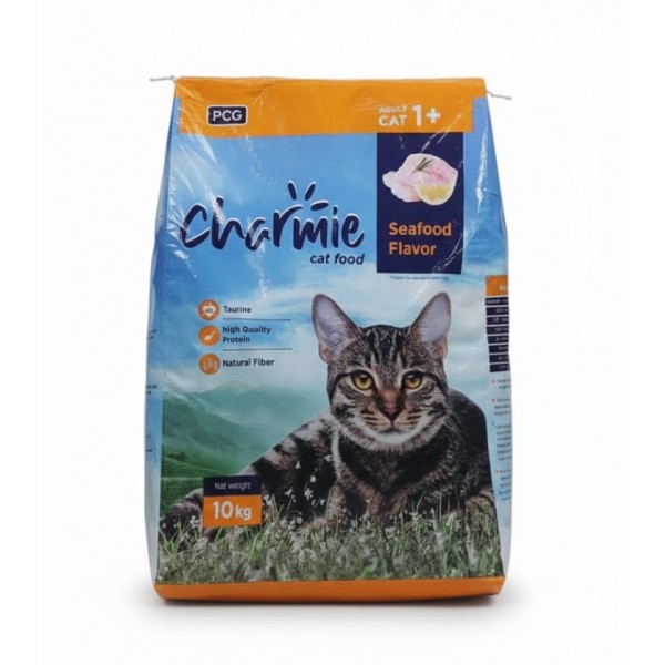 Charmie Adult Cat Food, 10 kg – Seafood Flavor, High Protein, Taurine for Eye & Heart Health, Natural Fiber for Digestion, Crunchy Kibble for Healthy Skin & Coat