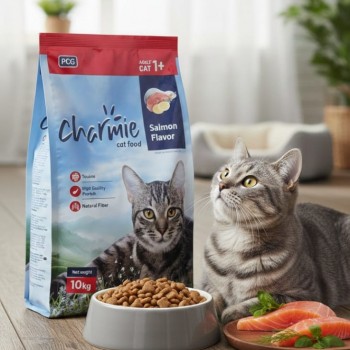 Charmie Adult Cat Food – Salmon Flavor, 10 kg – High Protein & Taurine, Natural Fiber, Crunchy, Supports Healthy Skin, Shiny Coat & Digestion