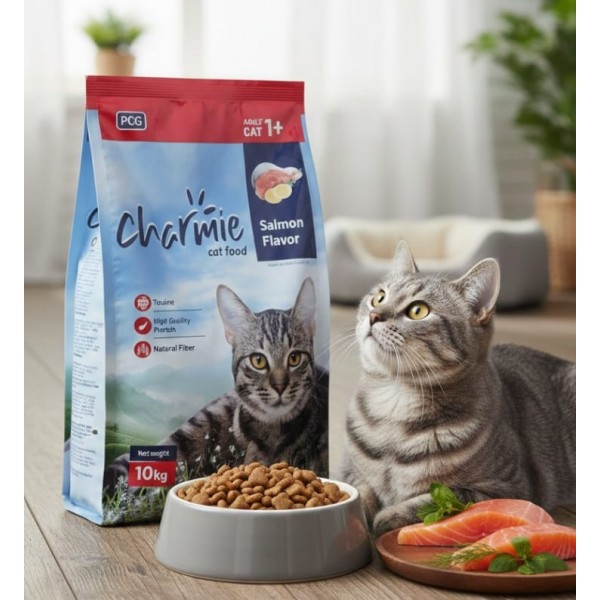 Charmie Adult Cat Food – Salmon Flavor, 10 kg – High Protein & Taurine, Natural Fiber, Crunchy, Supports Healthy Skin, Shiny Coat & Digestion