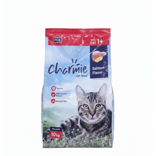 Charmie Adult Cat Food – Salmon Flavor, 10 kg – High Protein & Taurine, Natural Fiber, Crunchy, Supports Healthy Skin, Shiny Coat & Digestion